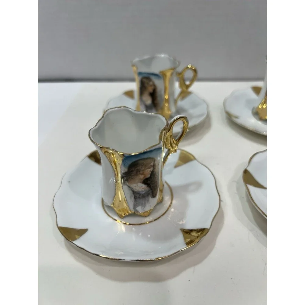 Vintage European Art Nouveau Portrait Demitasse Cups Saucers Mold 1066 Gilding
